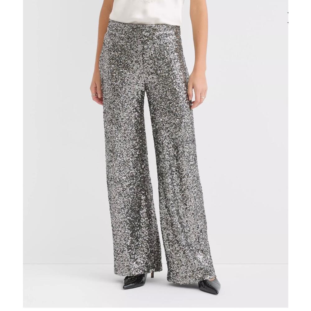 LOFT Clean Wide Leg Pants Sz 2 Sequin Gunmetal Glamour Luxe Girl's Night Out NWT